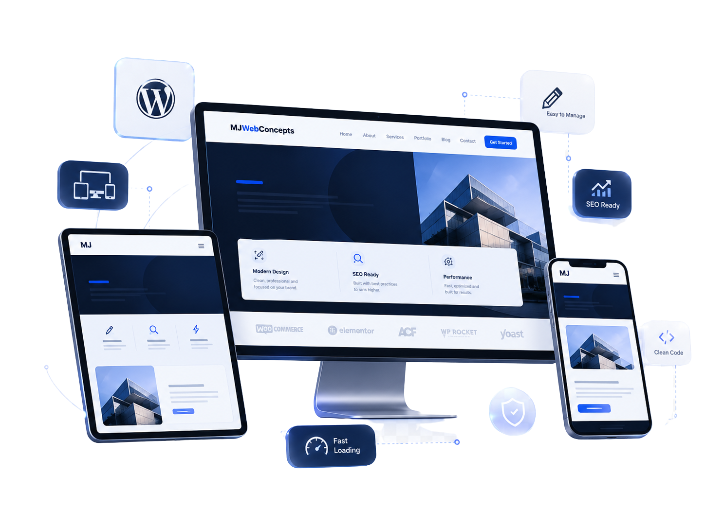 Responsive WordPress website design displayed across desktop, tablet, and mobile devices